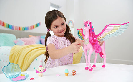 Barbie Rosa Pegasus 10 Aksesuarlı Köpek Yavrusu Dahil, Kanatlı At Oyuncağı, Işıklı Ve Sesli, Sihir D