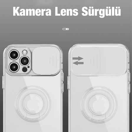 Ally iPhone 12 Pro 6.1inç Kılıf Sürgülü Kamera Lens Korumalı Yüzük Standlı Silikon Kılıf-(5775)