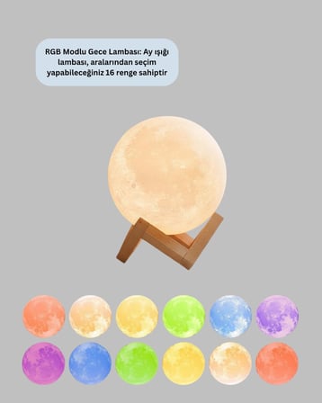 Ahşap Standlı 3D Baskı Ay Lambası 16 Renkli ve Şarjlı Uzaktan Kumandalı