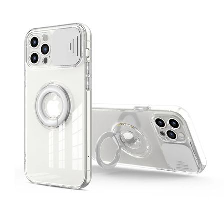 Ally iPhone 12 Pro 6.1inç Kılıf Sürgülü Kamera Lens Korumalı Yüzük Standlı Silikon Kılıf-(5775)