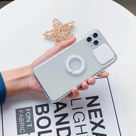 Ally iPhone 12 Pro 6.1inç Kılıf Sürgülü Kamera Lens Korumalı Yüzük Standlı Silikon Kılıf-(5775)