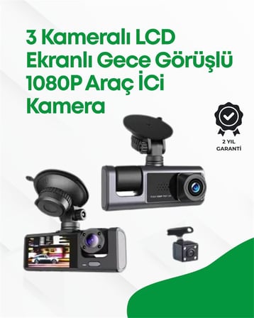 .” LCD Ekranlı Döngüsel Kayıt Özellikli Üç Kameralı Oto Kamera