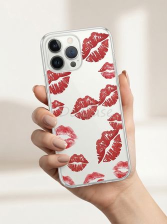 iPhone 13 Pro Max Kırmızı Dudak / Öpücük Desenli Şeffaf Telefon Kılıfı