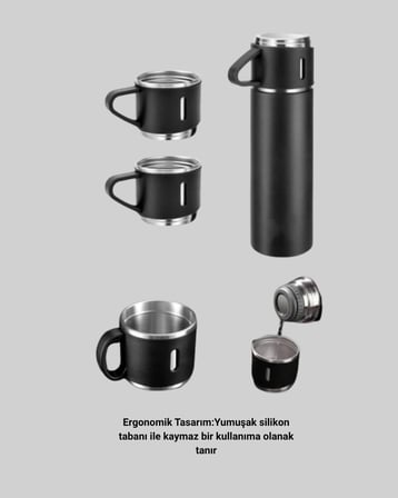 Isıyı Uzun Süre Koruyan 500 ml Termos Seti | Çelik Gövde 2 Bardaklı Hediye Kutulu