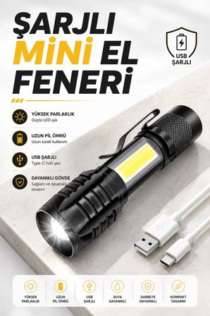 El Feneri Led USB Şarjlı Zoom Mini Led Işık Acil Durum Feneri