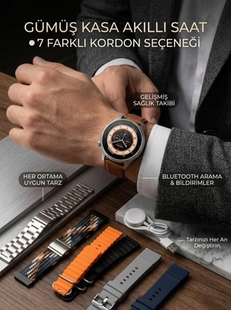 Gümüş Kasa Akıllı Saat - 6 Yedek Kordon Hediyeli