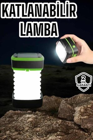Katlanabilir Kamp Lambası Solar Fener Görünümlü  Kademeli Şarjlı