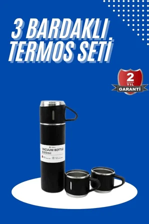 Termos Seti 'lü Bardak Seti Isı Dayanıklı Siyah Paslanmaz Çelik Vakumlu