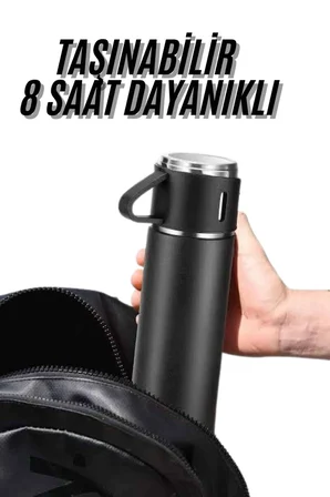Termos Seti 'lü Bardak Seti Isı Dayanıklı Siyah Paslanmaz Çelik Vakumlu