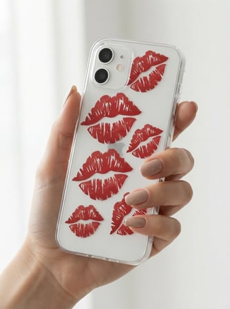 iPhone 12 Kırmızı Dudak / Öpücük Desenli Şeffaf Telefon Kılıfı