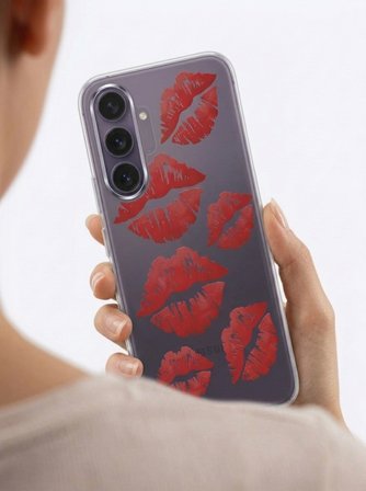 Samsung S25 FE Kırmızı Dudak / Öpücük Desenli Şeffaf Telefon Kılıfı