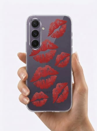 Samsung Galaxy S24 FE Kırmızı Dudak / Öpücük Desenli Şeffaf Telefon Kılıfı