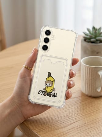 Samsung Galaxy S24 Boş Yapma Muz Detaylı Kart Bölmeli Şeffaf Telefon Kılıfı