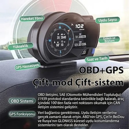 Ally A520 OBD2 + GPS Head Up Display HUD Dijital Hız Göstergesi RPM & Sıcaklık & Basınç Takip Hız Alarmı-(5775)