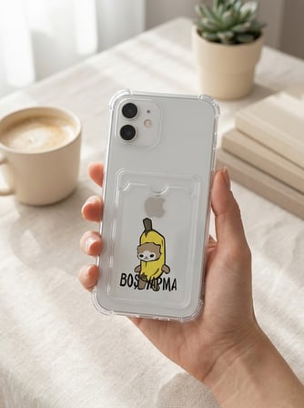 iPhone 12 Boş Yapma Muz Detaylı Kart Bölmeli Şeffaf Telefon Kılıfı