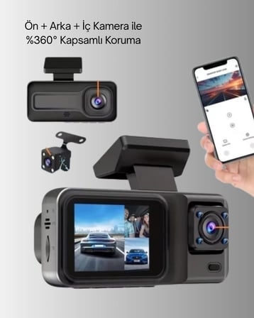 360° Kapsama Sahip Full HD Araç Kamerası 3’lü Kayıt Gece Görüşlü DashCam