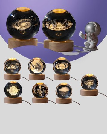 Samanyolu Desenli Kristal Küre Ahşap Standlı Gün Işığı LED Masa Lambası