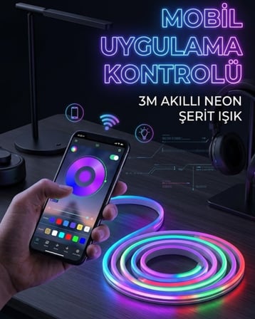 Metre RGB Neon LED Şerit Işık Su Geçirmez Kumandalı ve Uygulama Kontrollü Dekoratif Aydınlatma