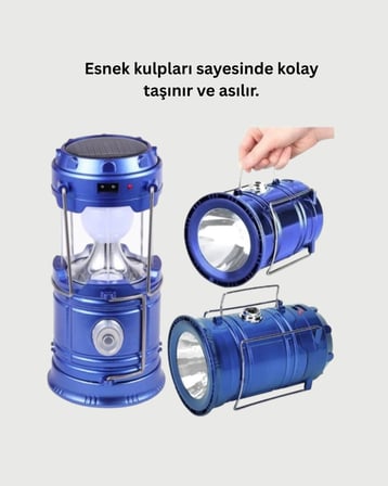 Güneş Enerjili Kızaklı Şarjlı Büyük Boy Kamp Feneri – USB Çıkışlı Katlanabilir Çok Fonksiyonlu