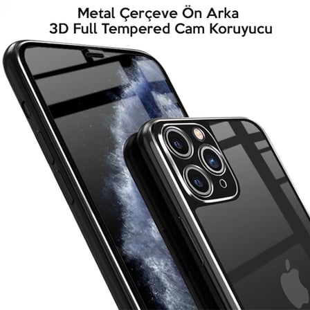 İPhone  Pro Metal Çerçeve Ön Arka D Full Tempered Cam Koruyucu-()
