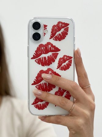 İphone 17 Kırmızı Dudak / Öpücük Desenli Şeffaf Telefon Kılıfı