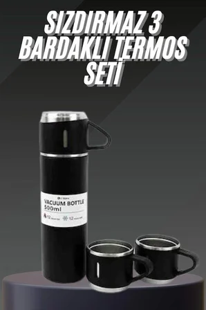 Termos Seti Paslanmaz Çelik 3 Bardaklı Vakumlu Termos Set 500 Ml 12 Saate Kadar Isı Koruma