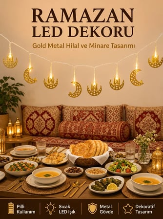Minareli Hilal LED Işık Gold Metal Gövdeli Pilli Ramazan Dekoru