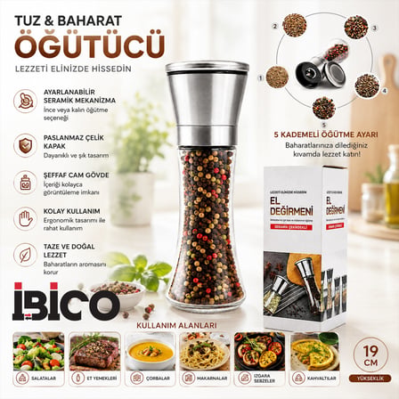 HAND GRINDER BÜYÜK CAM HAZNELİ - KROM KAPLAMA PLS.KAPAKLI TUZ - BAHARAT ÖĞÜTÜCÜ (5372)