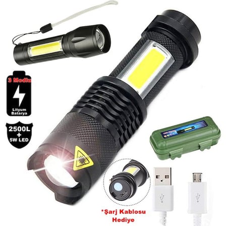 Su Geçirmez Şarjlı El Feneri 2500 Lumens + 5W COB LED USB Lion Şarjlı Ultra Güçlü Q5 XPE (5372)
