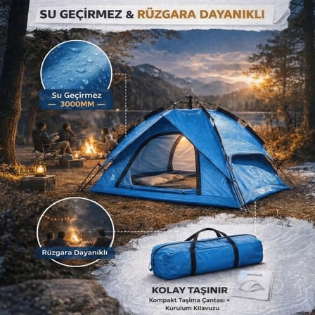 4 Kişilik Otomatik Kamp Çadırı – Çift Katmanlı, Suya Dayanıklı, Hızlı Kurulum Outdoor Aile ve Doğa Çadırı 200x200x140 cm (5372)