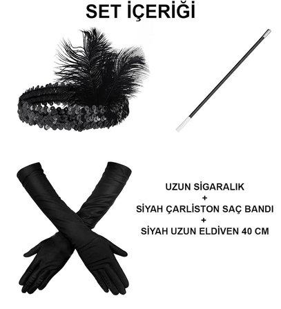 &amp;apos;ler Gatsby Aksesuar Seti – Siyah Charleston Saç Bandı, Uzun Eldiven &amp;amp;amp; Sigaralık ()
