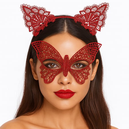 Gösterişli Kırmızı Dantel Maske ve Taç Seti 7 No – Masquerade ve Davetler için (5372)