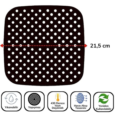 Siyah Isıya Dayanıklı Yıkanılabilir Silikon Fırın Ve Airfryer Kare Model Pişirme Matı 21,5 Cm (5372)