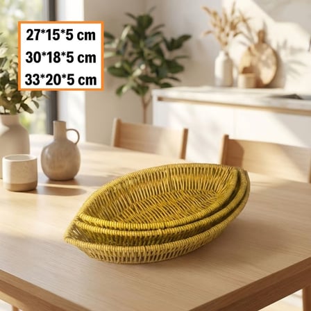 3’lü Kayık Formlu Plastik Rattan Sepet Seti–Hasır Görünümlü Ekmek, Meyve ve Sunum Sepetleri, Çok Amaçlı Masaüstü Organizer (5372)