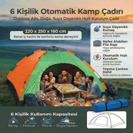 6 Kişilik Otomatik Kurulum Kamp Çadırı – Outdoor Aile, Doğa, Suya Dayanıklı Hızlı Kurulum Çadır 220x250x160 cm (5372)