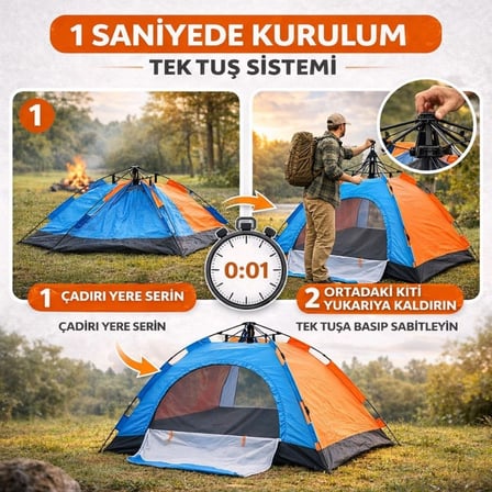 6 Kişilik Otomatik Kurulum Kamp Çadırı – Outdoor Aile, Doğa, Suya Dayanıklı Hızlı Kurulum Çadır 220x250x160 cm (5372)