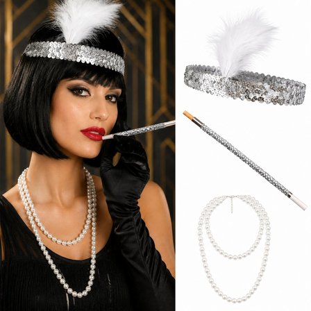 1920&amp;apos;ler Gatsby Gümüş Parti Seti - Çarliston Saç Bandı, İnci Kolye ve Sigara Tutacağı (5372)