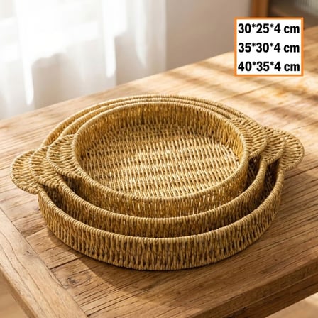 İç İçe Geçebilen ’lü Yuvarlak Plastik Rattan Tepsi Seti–Hasır Görünümlü Çok Amaçlı Servis ve Sunum Tepsileri ()