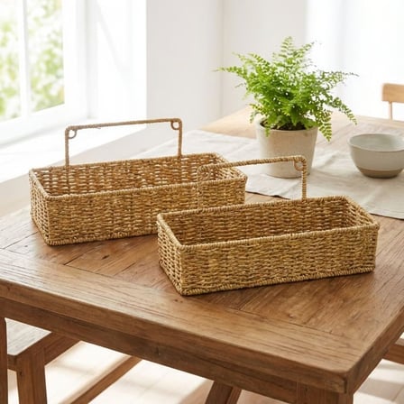 2’li Duvar Askılı Plastik Rattan Organizer – Dikdörtgen Hasır Görünümlü Mutfak Raf Sepeti, Banyo ve Ev İçi Düzenleme Ünitesi (5372)