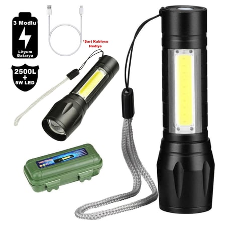 2500 Lumens + 5W COB LED USB Lion Şarjlı Ultra Güçlü Q5 XPE Su Geçirmez Şarjlı El Feneri (5372)