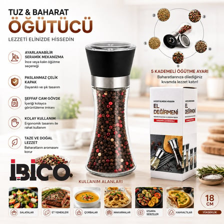 HAND GRINDER BÜYÜK CAM HAZNELİ - PLS.KAPAKLI - KROM BELLİ TUZ - BAHARAT ÖĞÜTÜCÜ (5372)