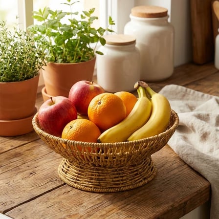 28 cm Plastik Rattan Servis Çanağı – Doğal Hasır Görünümlü Dekoratif Meyve, Ekmek ve Sunum Kasesi (5372)