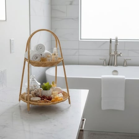 Plastik Rattan İki Katlı Sunumluk–Dekoratif Organizer, Mutfak Meyve,Sebze Sepeti, Banyo Düzenleyici Raf,Masaüstü Çok Amaçlı Sunum Standı (5372)