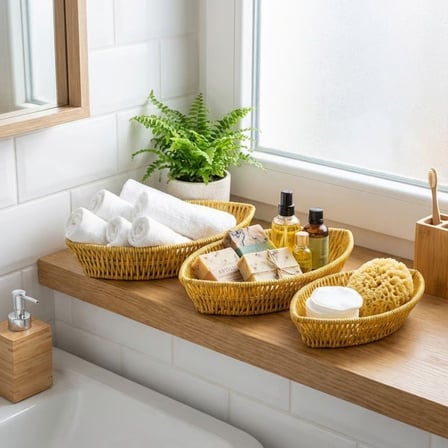 3’lü Kayık Formlu Plastik Rattan Sepet Seti–Hasır Görünümlü Ekmek, Meyve ve Sunum Sepetleri, Çok Amaçlı Masaüstü Organizer (5372)