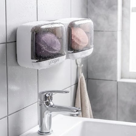 Duvara Monte İkili Kapaklı Plastik Katı Sabunluk Organizer – Banyo &amp;amp; Mutfak İçin Yapışkanlı Sabun Kutusu ve Düzenleyici ()