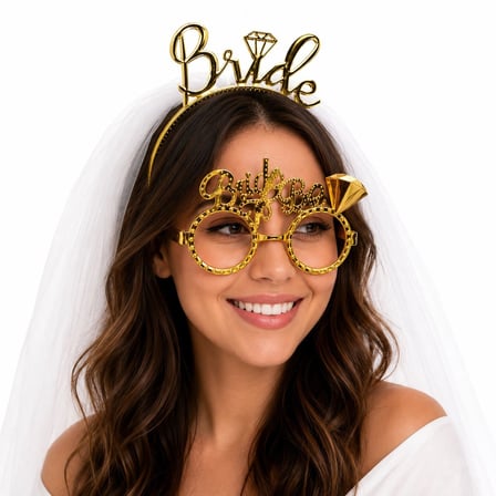 Bride Yazılı Gold Taç ve Parti Gözlüğü Seti (5372)