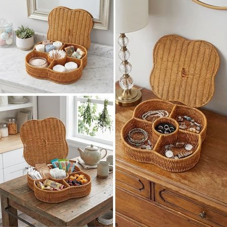 Kapaklı  Bölmeli Plastik Rattan Organizer Kutu – Hasır Desenli Çok Amaçlı Saklama ve Sunum Sepeti Çerezlik ()