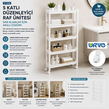 RAFTY 5 KATLI TEKERLEKLİ SEPET ORGANİZER DÜZENLEYİCİ RAF ÜNİTESİ 465X145X850MM (5372)