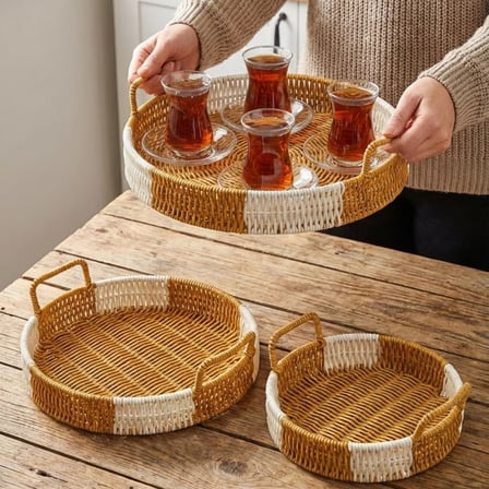 İç İçe Geçebilen 3’lü Yuvarlak Plastik Rattan Tepsi Seti–Çift Renkli Hasır Görünümlü Çok Amaçlı Servis ve Sunum Tepsileri (5372)