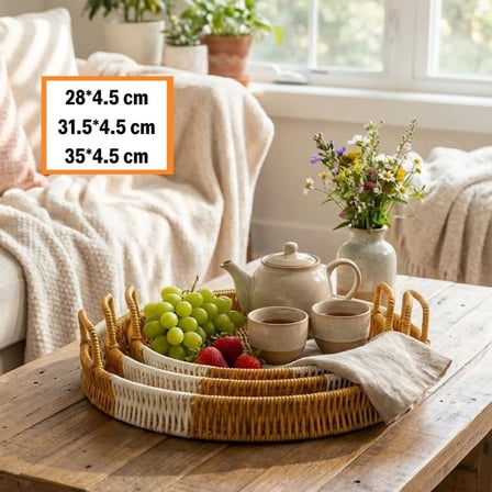 İç İçe Geçebilen 3’lü Yuvarlak Plastik Rattan Tepsi Seti–Çift Renkli Hasır Görünümlü Çok Amaçlı Servis ve Sunum Tepsileri (5372)